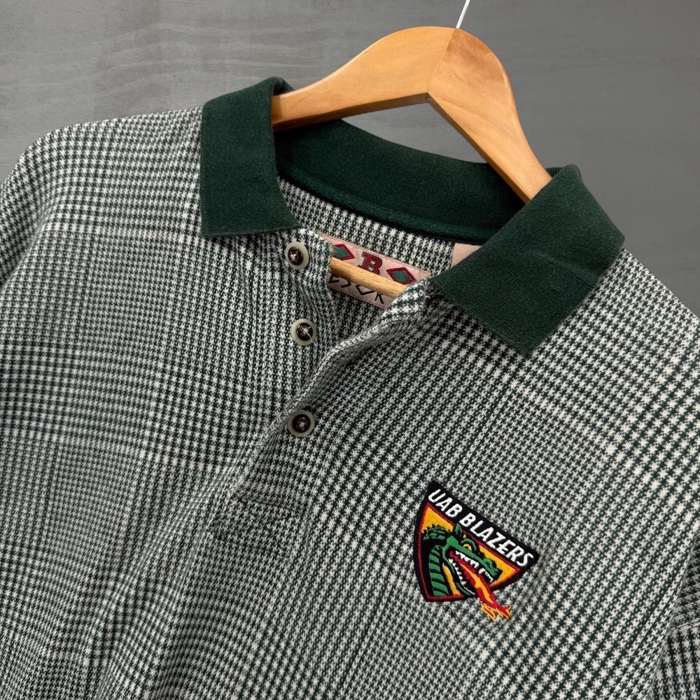 Vintage UAB Blazers Polo Shirt Green Houndstooth Embroidered Logo XL
